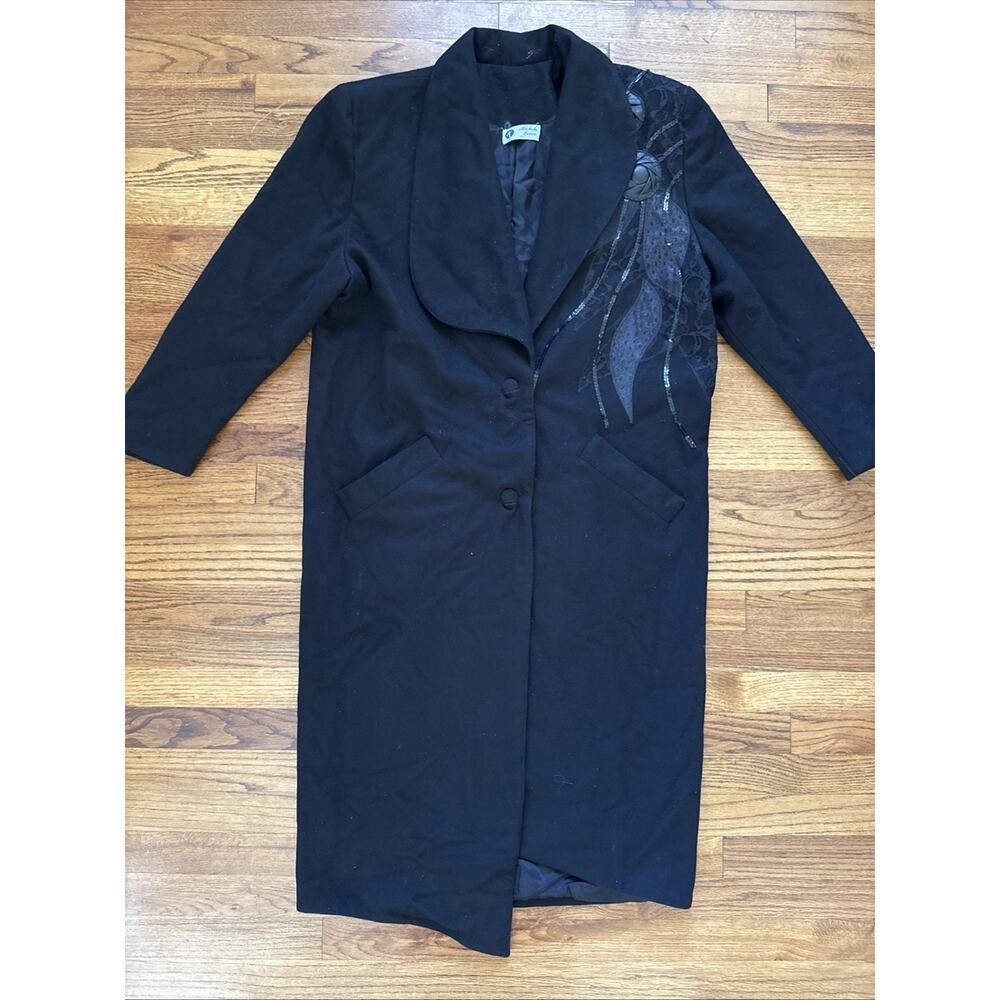 Michele Levon Black Embellished Wool Coat Sz 10 Lace Sequin Detail C5